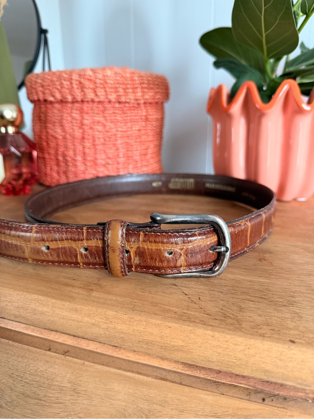 Jacob Croc-Embossed Leather Belt in Brown and Tan
